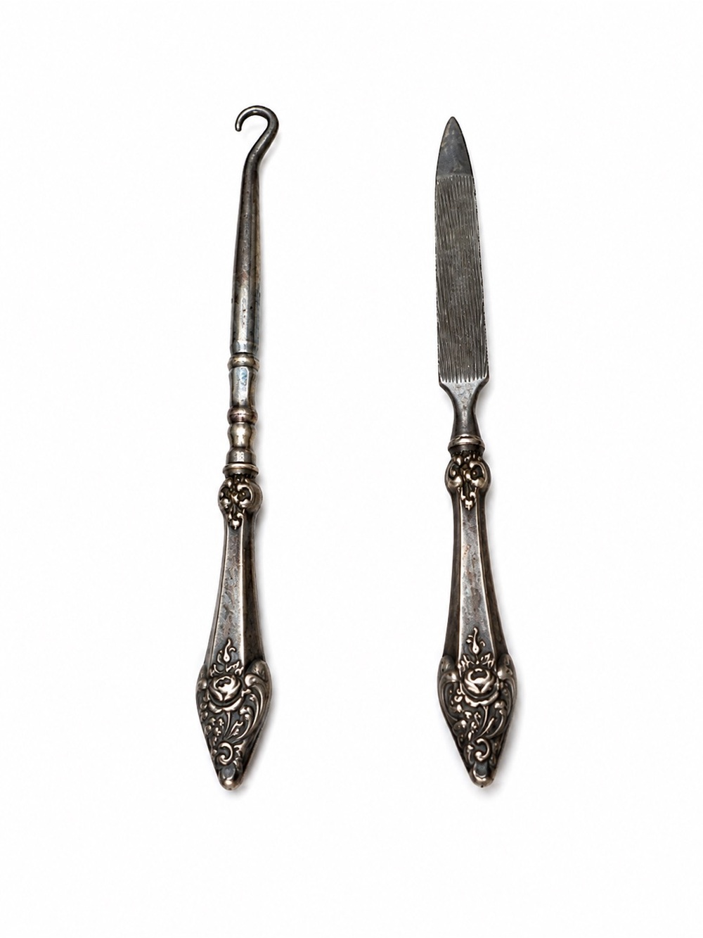 Antique c.1900 Sterling Silver Button Hook & Nail File Set Floral Repousse